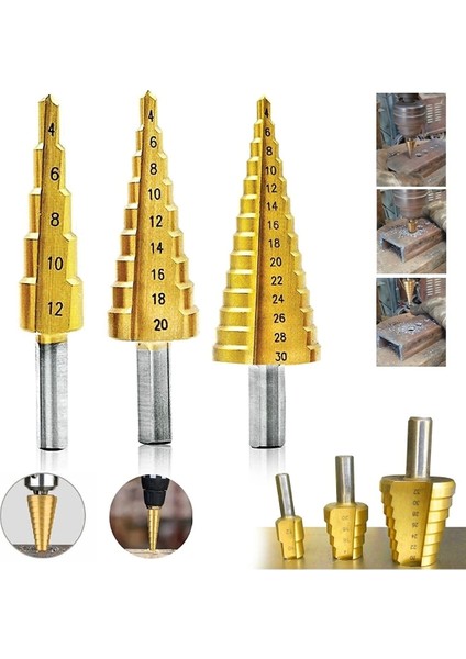 3 Lü Set Matkap Ucu Kademeli Sac Delme Aparatı Hss Titanyum Kaplama (5047)