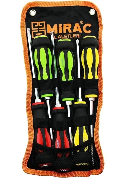 Bez Çantalı Renkli - Kauçuk Kaplama Saplı Darbeli 6lı Set Çift Taraflı Tornavida Takımı (5047)