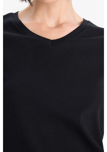 Slim Fit Dar Kesim V Yaka Basic Düz Ribana Kısa Kollu Siyah Tişört I1080AZ25AU indirimleri