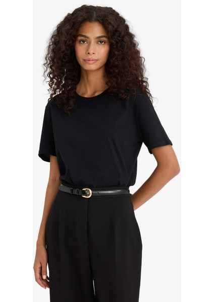 Regular Fit Bisiklet Yaka Basic Düz Penye Kısa Kollu Siyah Tişört W9584AZ25AU fırsatları