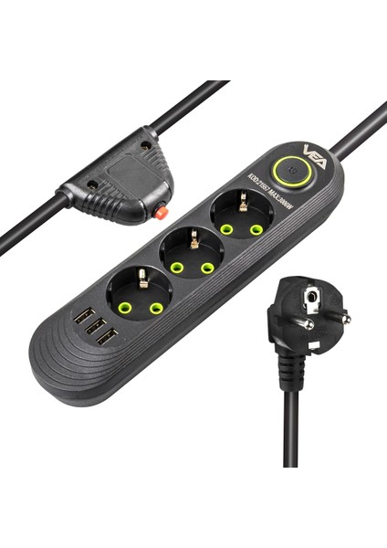 3lü 1.5 Metre Kablolu 3 Usbli Siyah Akım Korumalı Priz (5047)