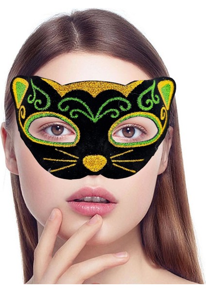 Siyah Kadife Kaplama Üzeri Sarı Yeşil Sim Işlemeli Kedi Maskesi 20X13 cm (5047) fiyatları
