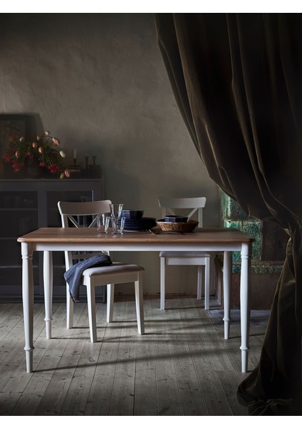 Danderyd Mutfak Masası 130X80 cm Vernikli Meşe Kaplama Beyaz Çelik Ayaklı Masa