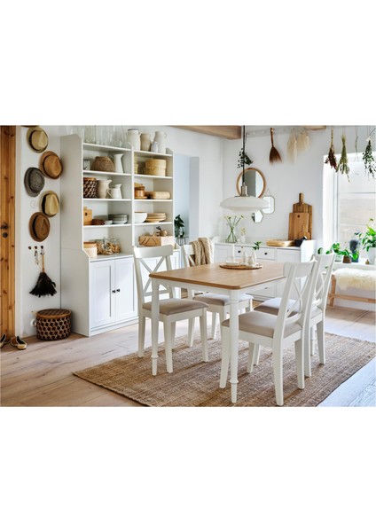 Danderyd Mutfak Masası 130X80 cm Vernikli Meşe Kaplama Beyaz Çelik Ayaklı Masa
