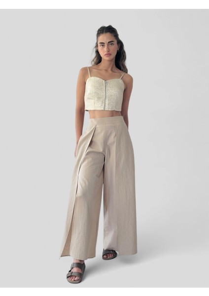 Yırtmaç Detaylı Wide-Leg Pantolon Etek Kadın Vizon
