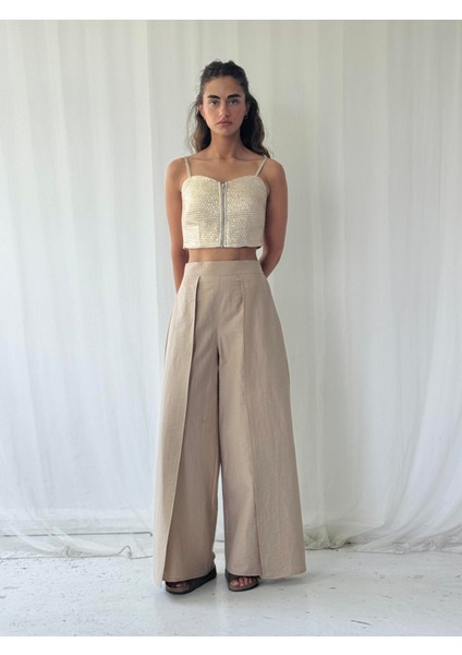 Yırtmaç Detaylı Wide-Leg Pantolon Etek Kadın Vizon fiyatları
