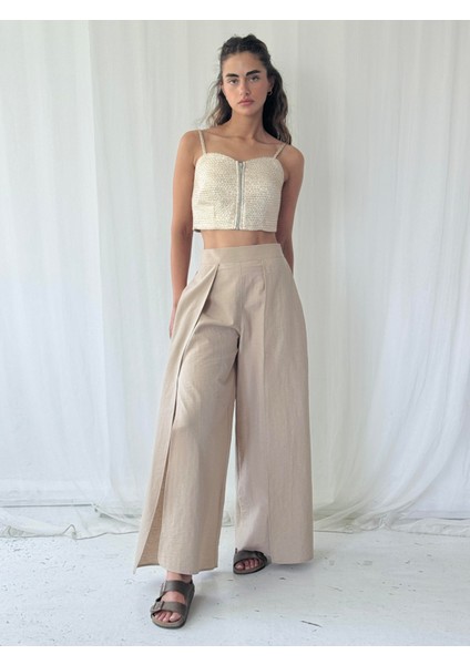 Yırtmaç Detaylı Wide-Leg Pantolon Etek Kadın Vizon fırsatları