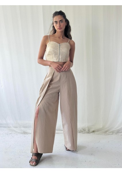 Yırtmaç Detaylı Wide-Leg Pantolon Etek Kadın Vizon indirimleri
