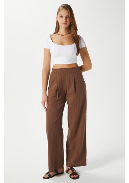 Kadın Lana Keten Pamuk Kahverengi Palazzo Pantolon