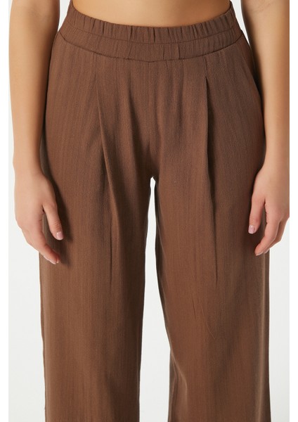 Kadın Lana Keten Pamuk Kahverengi Palazzo Pantolon modelleri