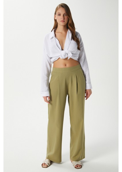 Kadın Lana Keten Pamuk Haki Palazzo Pantolon