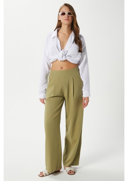 Kadın Lana Keten Pamuk Haki Palazzo Pantolon fiyatları