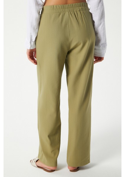 Kadın Lana Keten Pamuk Haki Palazzo Pantolon modelleri