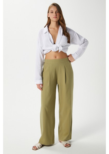 Kadın Lana Keten Pamuk Haki Palazzo Pantolon fırsatları