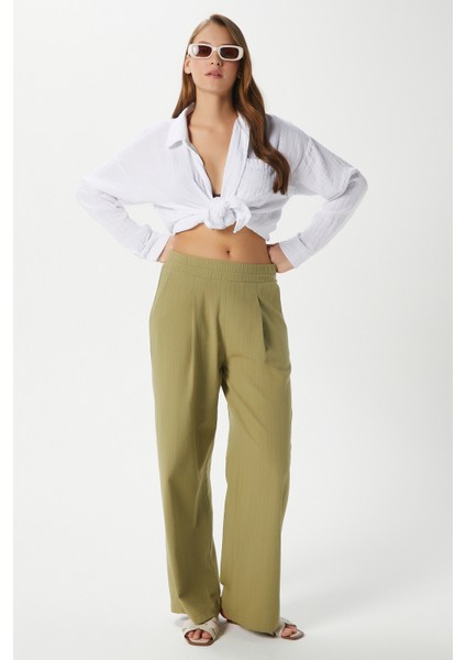Kadın Lana Keten Pamuk Haki Palazzo Pantolon indirimleri