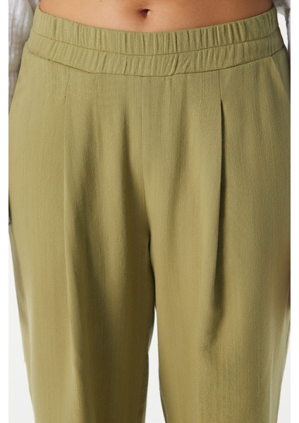 Kadın Lana Keten Pamuk Haki Palazzo Pantolon