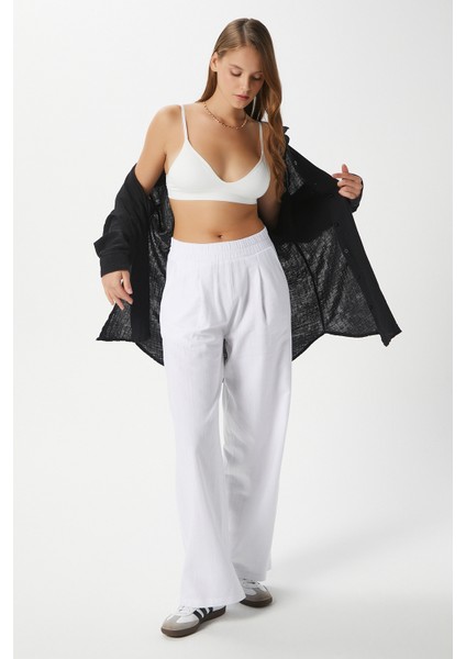 Kadın Lana Keten Pamuk Beyaz Palazzo Pantolon