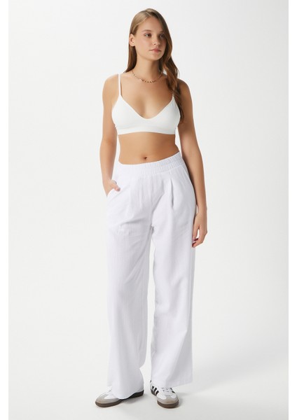 Kadın Lana Keten Pamuk Beyaz Palazzo Pantolon fırsatları