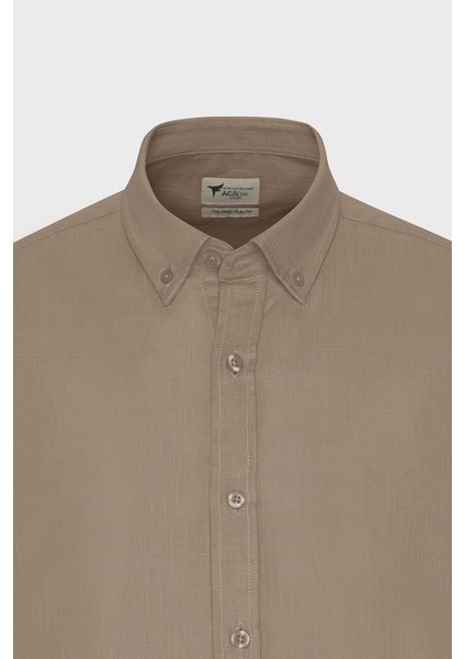 Erkek Vizon Slim Fit Dar Kesim Düğmeli Yaka Keten Görünümlü %100 Pamuk Flamlı Gömlek