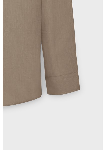 Erkek Vizon Slim Fit Dar Kesim Düğmeli Yaka Keten Görünümlü %100 Pamuk Flamlı Gömlek