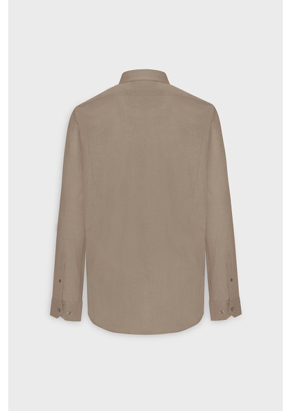Erkek Vizon Slim Fit Dar Kesim Düğmeli Yaka Keten Görünümlü %100 Pamuk Flamlı Gömlek