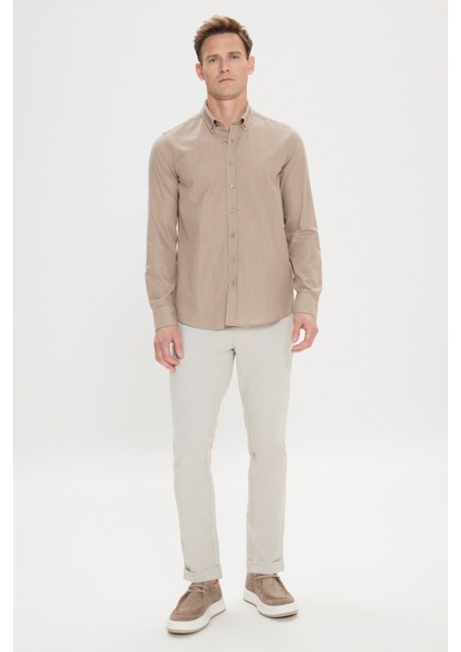 Erkek Vizon Slim Fit Dar Kesim Düğmeli Yaka Keten Görünümlü %100 Pamuk Flamlı Gömlek modelleri