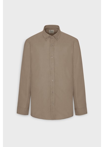 Erkek Vizon Slim Fit Dar Kesim Düğmeli Yaka Keten Görünümlü %100 Pamuk Flamlı Gömlek indirimleri