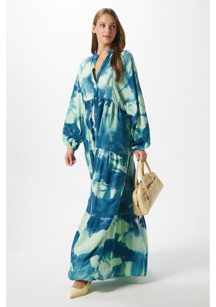 Modest Gloria Turkuaz Kadın %100 Viskon Maksi Boy Katlı Balon Kol Uzun Yazlık Elbise