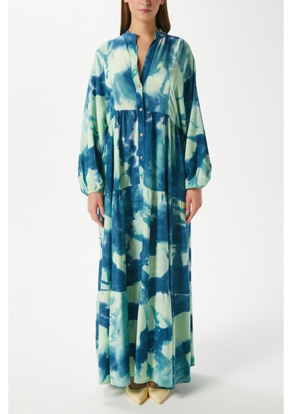 Modest Gloria Turkuaz Kadın %100 Viskon Maksi Boy Katlı Balon Kol Uzun Yazlık Elbise fiyatları