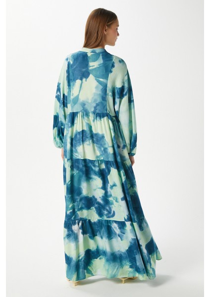 Modest Gloria Turkuaz Kadın %100 Viskon Maksi Boy Katlı Balon Kol Uzun Yazlık Elbise modelleri