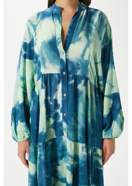 Modest Gloria Turkuaz Kadın %100 Viskon Maksi Boy Katlı Balon Kol Uzun Yazlık Elbise fırsatları