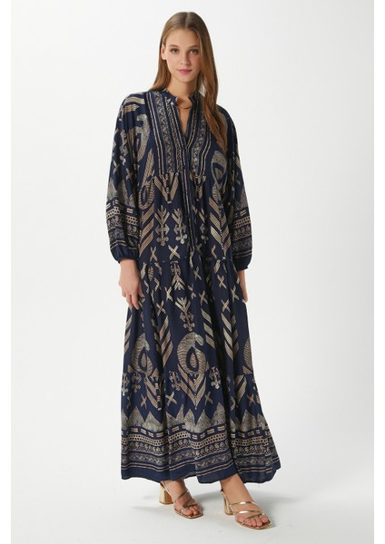 Modest Shine Lacivert Altın Sarısı Kadın %100 Viskon Maksi Boy Uzun Yazlık Elbise