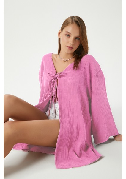 Kadın Sandra %100 Pamuk Müslin Bağcıklı Pembe Kimono indirimleri