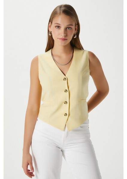 Kadın Hera Keten Pamuk Astarlı Sarı Yelek