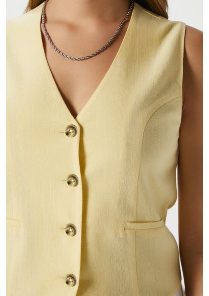 Kadın Hera Keten Pamuk Astarlı Sarı Yelek