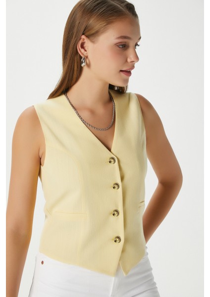 Kadın Hera Keten Pamuk Astarlı Sarı Yelek