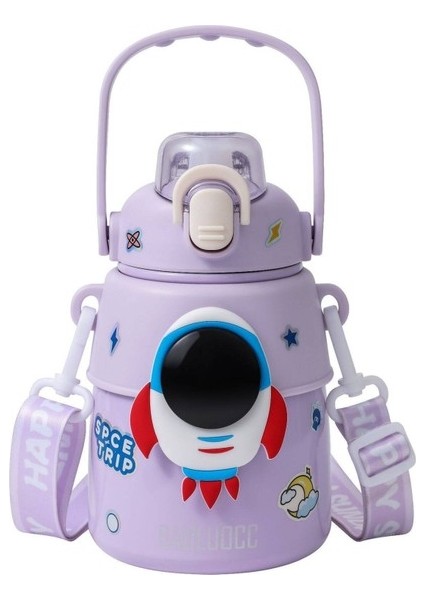850ML Astronot Karikatür Paslanmaz Çelik Taşınabilir Kayışlı Su Şişesi Çocuk Saman Izoleli Su ŞIŞESI-850ML (Yurt Dışından)