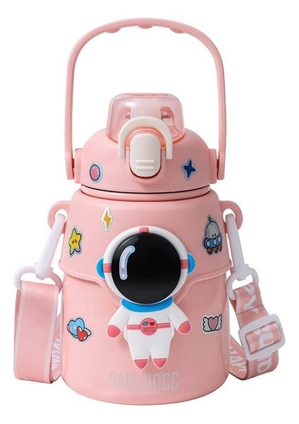 850ML Astronot Karikatür Paslanmaz Çelik Taşınabilir Kayışlı Su Şişesi Çocuk Saman Izoleli Su ŞIŞESI-850ML (Yurt Dışından)