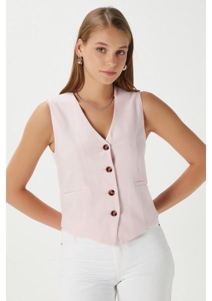 Kadın Hera Pamuk Astarlı Pembe Keten Yelek