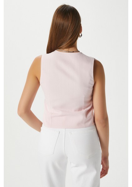 Kadın Hera Pamuk Astarlı Pembe Keten Yelek