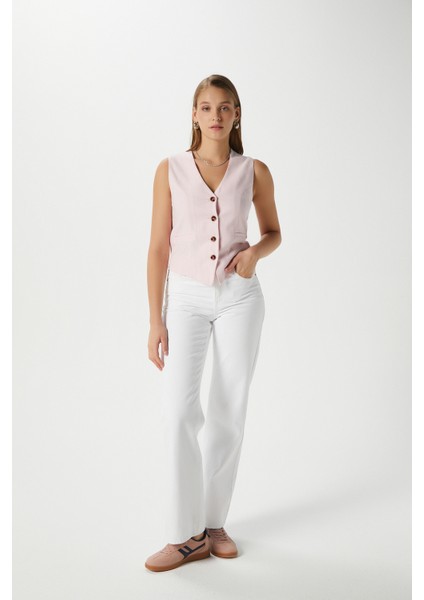 Kadın Hera Pamuk Astarlı Pembe Keten Yelek
