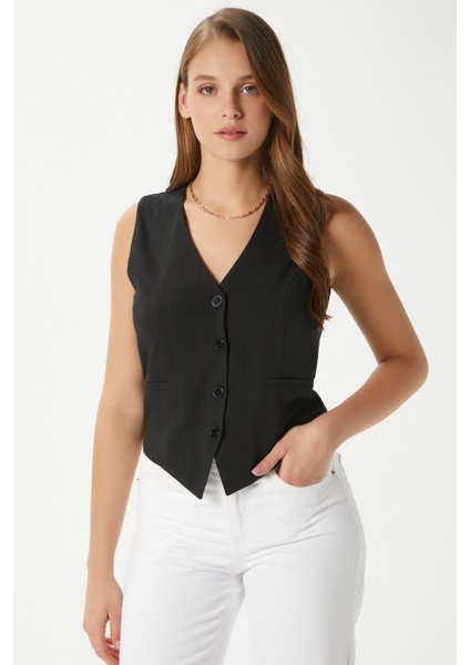 Kadın Hera Pamuk Astarlı Siyah Keten Yelek