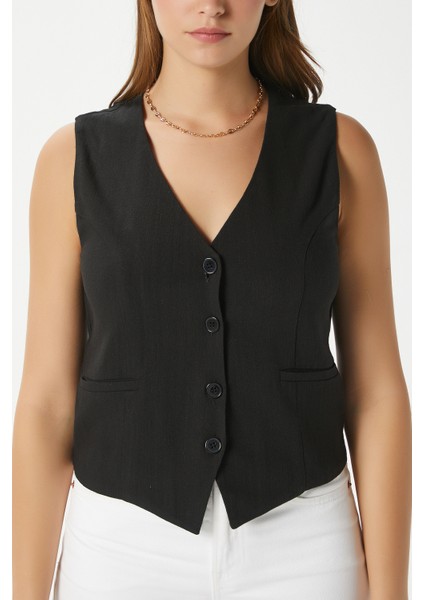 Kadın Hera Pamuk Astarlı Siyah Keten Yelek fiyatları
