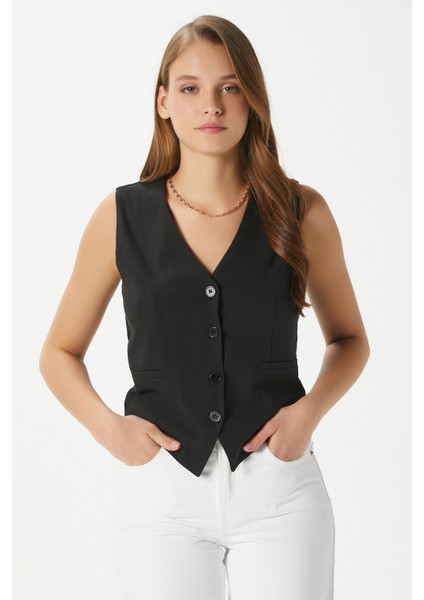 Kadın Hera Pamuk Astarlı Siyah Keten Yelek fırsatları