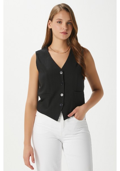 Kadın Hera Pamuk Astarlı Siyah Keten Yelek indirimleri