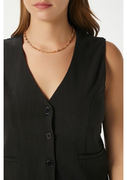 Kadın Hera Pamuk Astarlı Siyah Keten Yelek