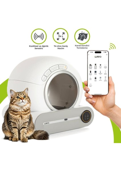 Akıllı Otomatik Kedi Tuvaleti, Kızılötesi ve Ağırlık Sensörlü, 65lt Hazne, 9lt Çöp haznesi, App ile Kontrol