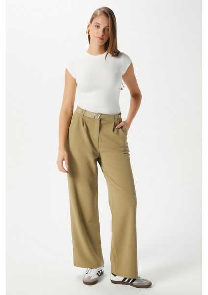 Kadın Rena Kemerli Likralı Yağ Yeşili Palazzo Pantolon