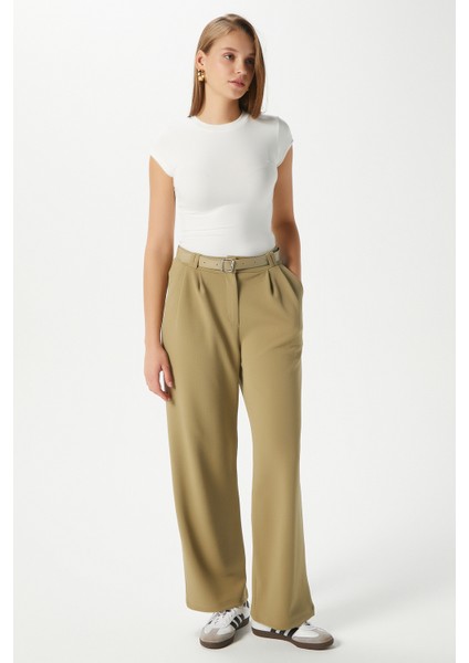 Kadın Rena Kemerli Likralı Yağ Yeşili Palazzo Pantolon fiyatları