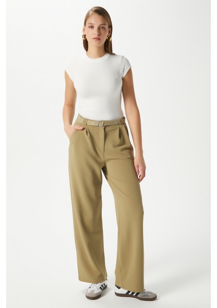 Kadın Rena Kemerli Likralı Yağ Yeşili Palazzo Pantolon indirimleri